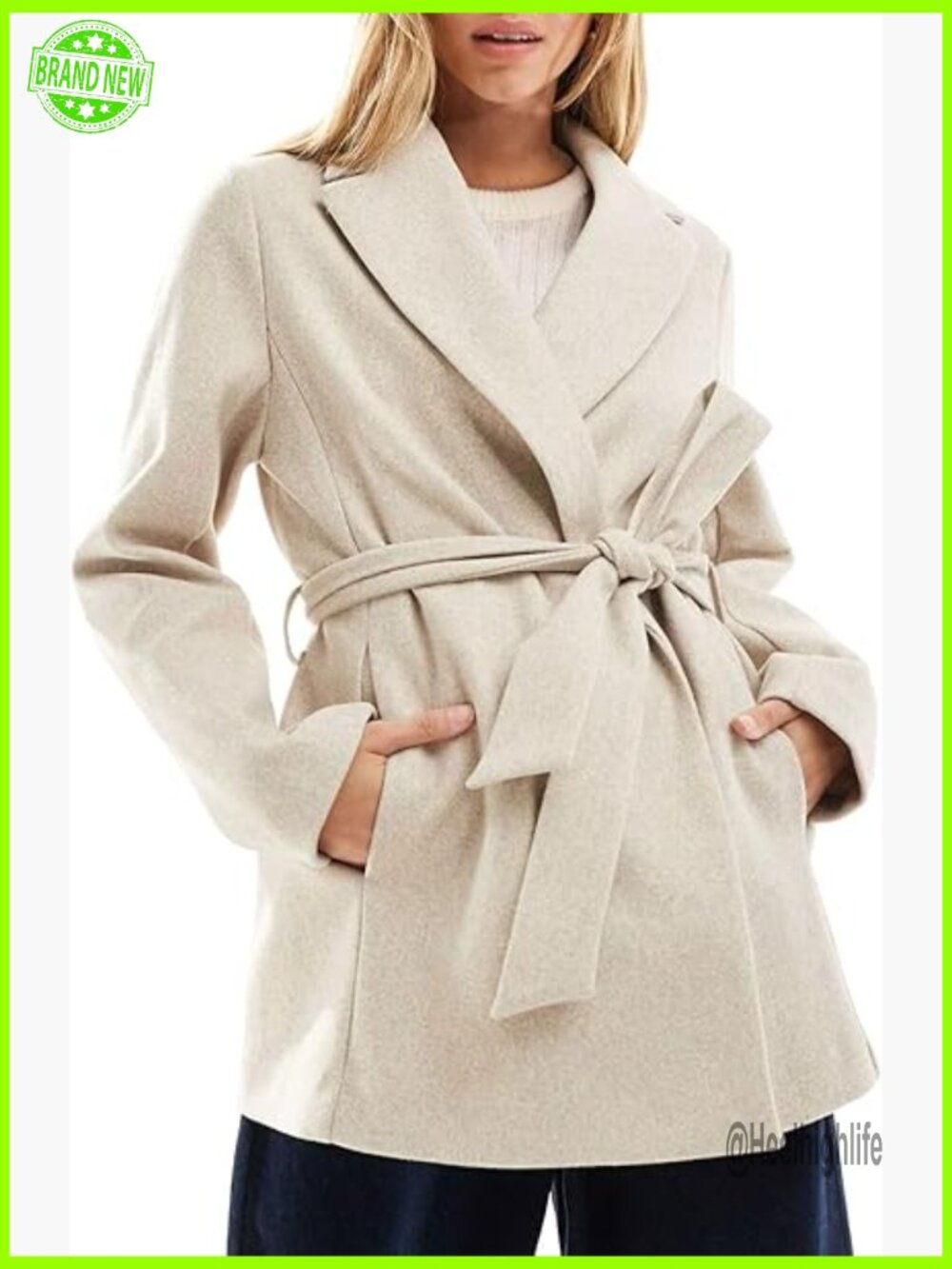 Belted Wool Trench Coat Notched Lapel Pea Coat Winter Jacket